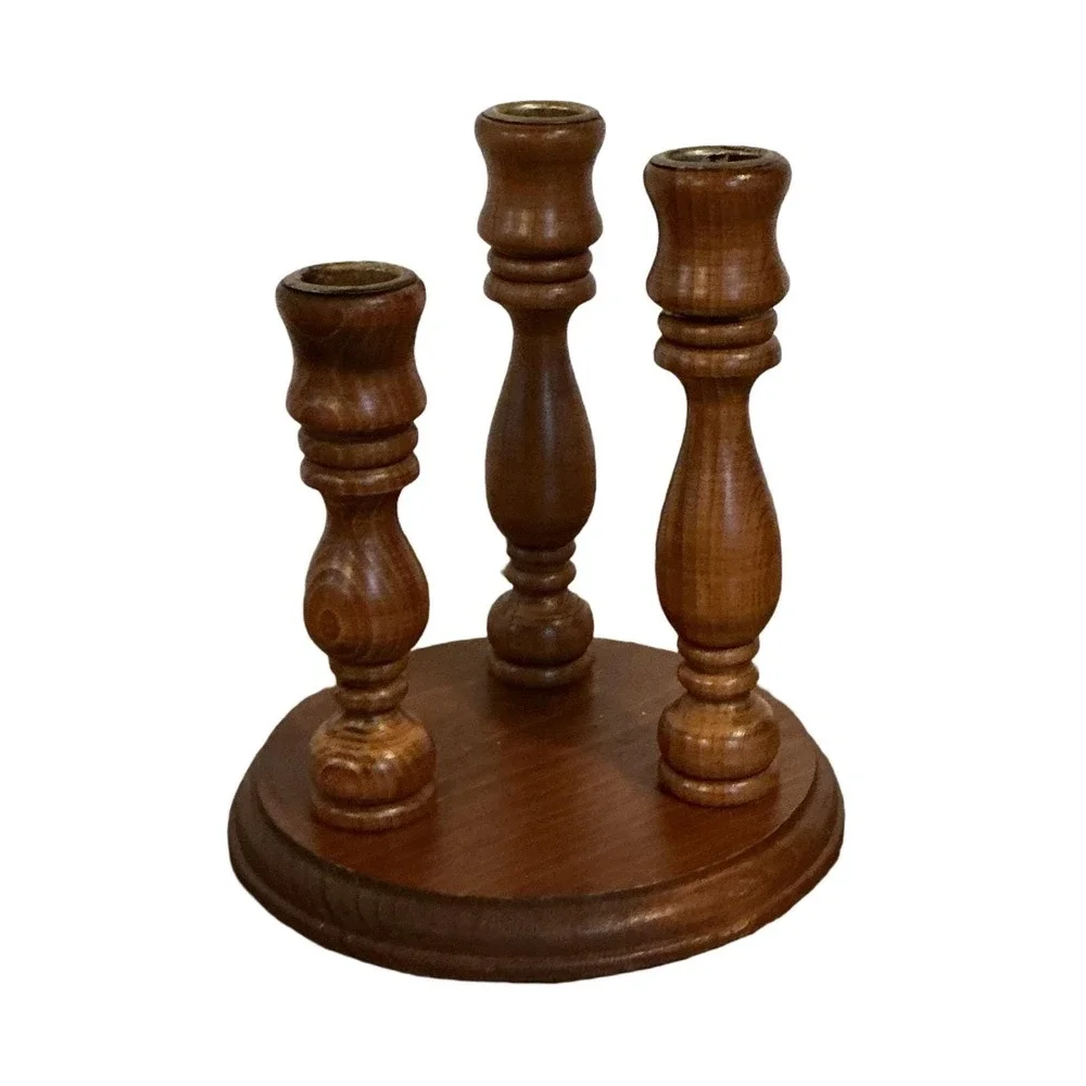 Vintage Wood Triple Taper Candle Holder Tiered‎ Candelabra Brown Brass Accents